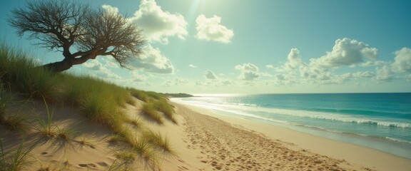 Poster - Lone tree on serene beach with sand dunes and ocean view