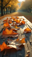 Poster - Fallen orange leaves on wooden surface in autumn park