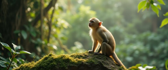 Aufkleber - Macaque monkey sitting on rock in tranquil forest during daytime