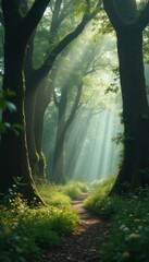 Aufkleber - Sunlit path through serene forest with magical rays of light