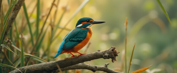 Poster - Common Kingfisher perched on branch near water in serene nature