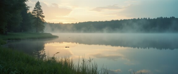 Poster - Misty sunrise over calm lake surrounded by trees