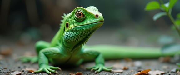 Poster - Green lizard resting on ground in serene outdoor setting