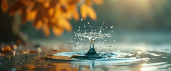 Poster - Water droplet creating crown splash in autumn nature