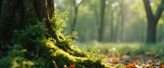 Aufkleber - Moss-covered trees with small plants in serene forest setting
