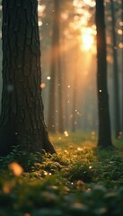 Poster - Sunlight illuminating serene forest with magical particles