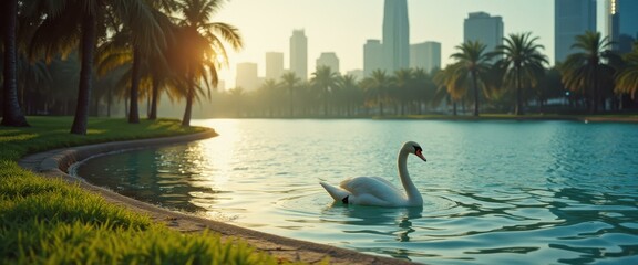 Poster - Swan swimming in urban park pond at sunrise
