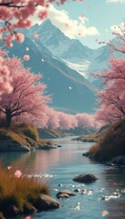 Aufkleber - Serene cherry blossom trees by a tranquil river valley