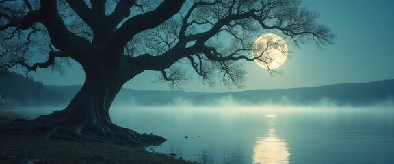 Poster - Old tree by foggy lake under full moon at night
