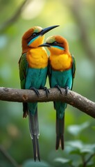 Poster - Two bee-eaters perched on a branch in serene forest