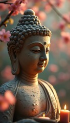 Aufkleber - Serene Buddha statue surrounded by candles and pink flowers in garden