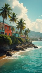 Poster - Colorful houses by the ocean with palm trees and waves crashing