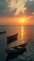 Poster - Three boats floating peacefully on calm ocean at sunset