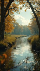 Poster - Serene autumn river surrounded by trees with yellow leaves
