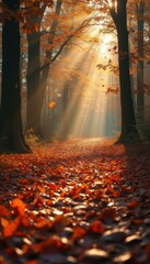 Aufkleber - Sunlit autumn leaves in serene forest with magical ambiance