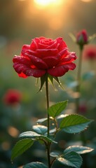 Poster - Red rose covered in dew at sunrise in serene garden