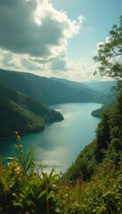 Poster - Tranquil lake surrounded by majestic mountains and lush vegetation
