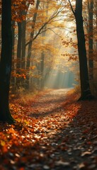 Aufkleber - Serene forest path covered with autumn leaves in nature