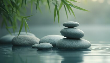 Aufkleber - Stacked rocks near calm water in serene garden setting