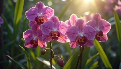 Poster - Blooming orchids in a serene outdoor garden under sunlight