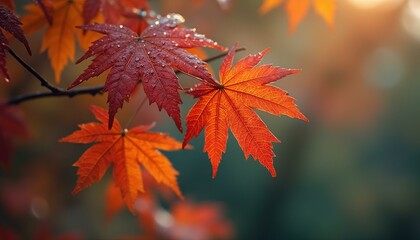 Aufkleber - Maple leaves with water droplets in autumn forest