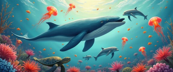Poster - Whale, dolphins, and sea turtle swimming in vibrant coral reef