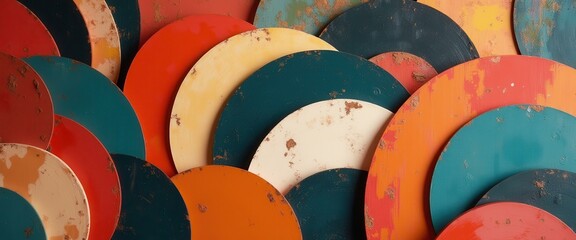 Poster - Multiple circular objects with distressed paint in studio setting
