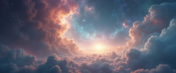 Poster - Serene sunrise above clouds with twinkling stars in sky