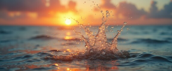 Poster - Water splash in ocean at sunset, serene and peaceful scene