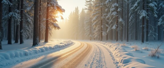 Poster - Serene winter sunrise over snow-covered road in forest