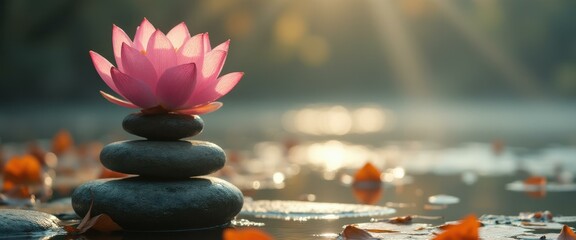 Poster - Serene lotus flower and stacked stones by pond in autumn
