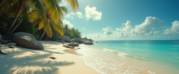 Poster - Tranquil tropical beach with palm trees and ocean waves