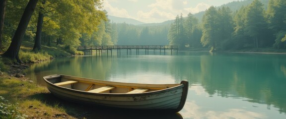 Aufkleber - Serene rowboat on calm lake beneath wooden bridge