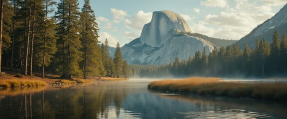 Poster - Majestic reflection of mountains and trees in Yosemite Lake