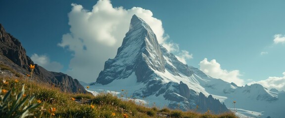 Aufkleber - Serene mountain landscape with snow-capped peak and flowers