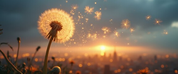 Poster - Dandelion seeds dispersing in cityscape at sunset