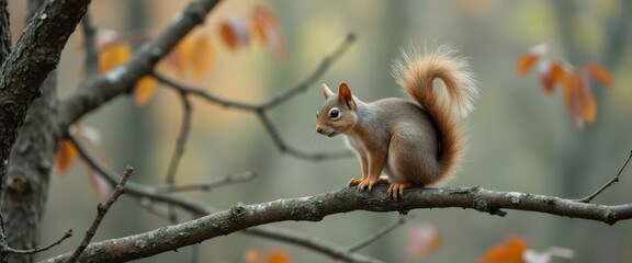 Aufkleber - Red squirrel sitting on a branch in autumn forest