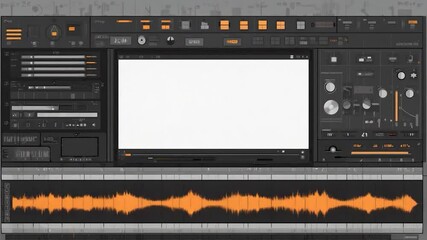 Detailed computer interface design with blank screen and audio waveform
