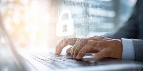 Poster - Hand typing on laptop with digital security lock symbolizing online protection in modern workspace