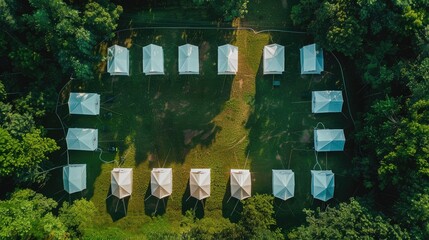 Aerial view of many small tents arranged in a rectangular pattern.