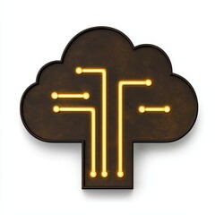 Fototapete - Dark brown cloud shaped object with glowing yellow circuit lines. Isolated on white background.  Digital illustration of network connectivity concept.