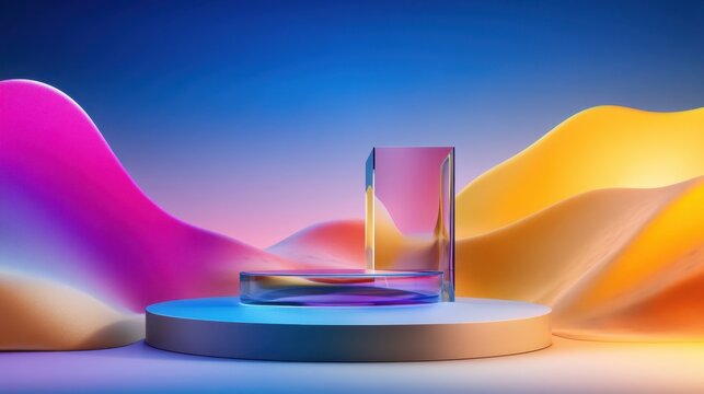 Floating podium in a vibrant surreal landscape with colorful sand dunes and abstract glass curves