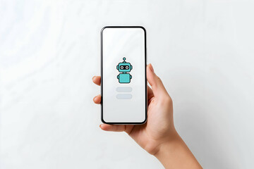 Aufkleber - A hand holds a smartphone displaying a chatbot or robot icon on a white screen, suggesting artificial intelligence or virtual assistant technology.