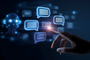 Leinwandbilder - A digital hand interacts with glowing chat bubbles, symbolizing AI-powered communication and virtual conversation technology.