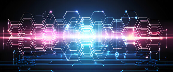 Aufkleber - Abstract hexagonal network design with blue-pink gradients, bright light source symbolizing technology, connectivity, and innovation

