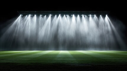 Poster - Bright stadium lights flood the empty field, illuminating night mist and shadows