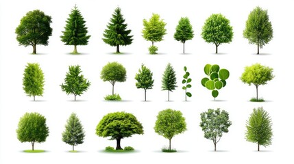 Poster - Collection of flat design green tree vector icons on white background, featuring various tree shapes and styles
