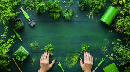 Poster - Creative flat lay with female gardener hands, tools, and small green plants
