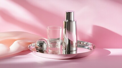 Aufkleber - Delicate silver pieces displayed on elegant tray against light pink background