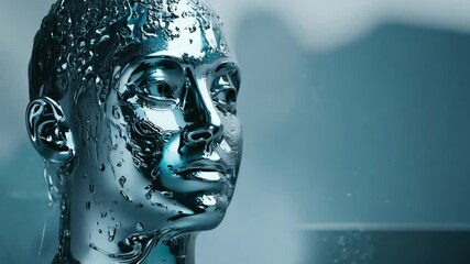 Poster - Liquid Metal Transforming Head AI Robot Close Up Details 4K.